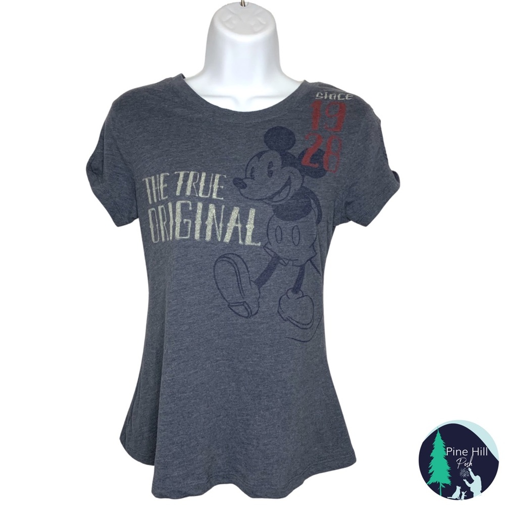 Disney Mickey Mouse T-shirt Womens XS Blue Gray True Original 1928 Cold Shoulder